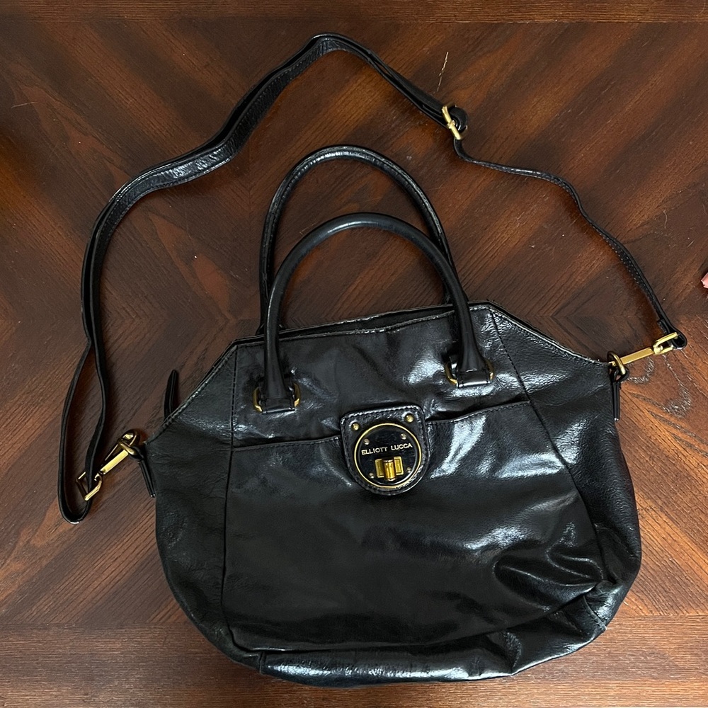 Black leather Elliott Lucca bag with gold hardware